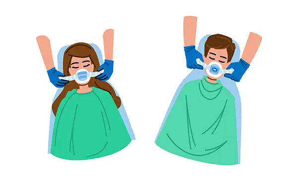 Illustration of two patients receiving nitrous oxide sedation in a dental chair for sleep apnea treatment at Sleep Apnea Solutions of Cincinnati in Cincinnati, OH