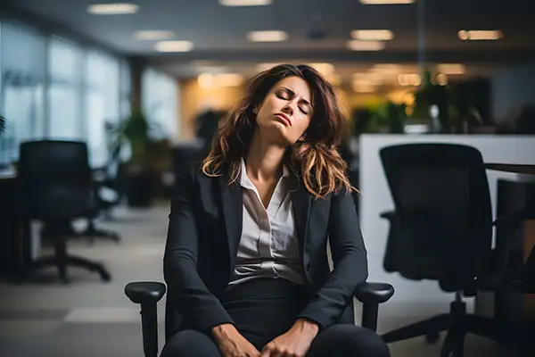 Businesswoman sleeping in her office chair, appearing fatigued and drained from sleep apnea.
